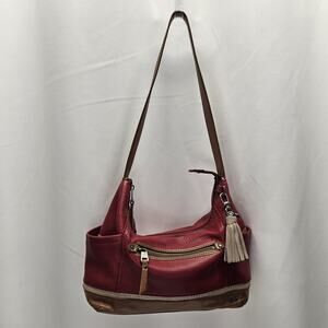 The Sak Kendra Hobo Leather Shoulder Bag Tassel Beige Black Colorblock